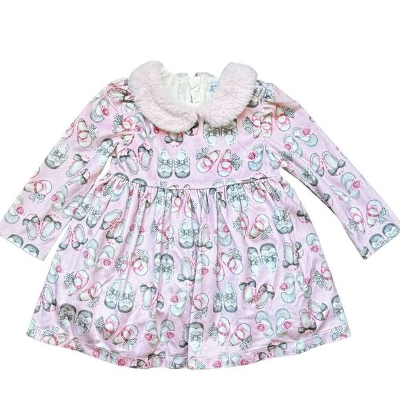Mayoral Infant Baby Girls Rose Pink Faux Fur Collar Pattern Dress. 12 Months. - Picture 3 of 10
